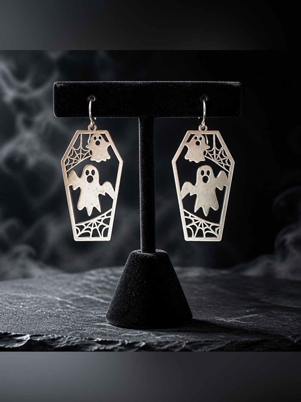 Stainless Steel Halloween Ghost Coffin Drop Earrings - Hypoallergenic Hooks